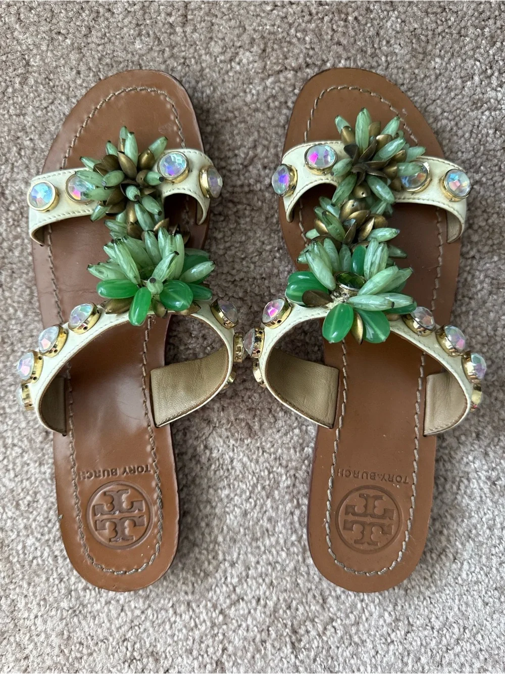 Tory Burch Sydney Leather Slides Sandals with Crystal Studs  Floral Accents